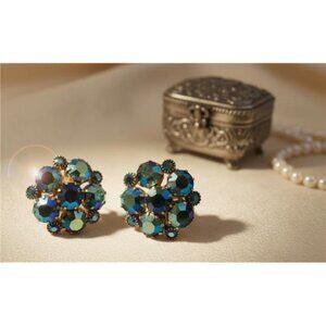 Vintage Weiss AB Rhinestone Clip On Earrings, Blue Aurora Borealis, 1 In